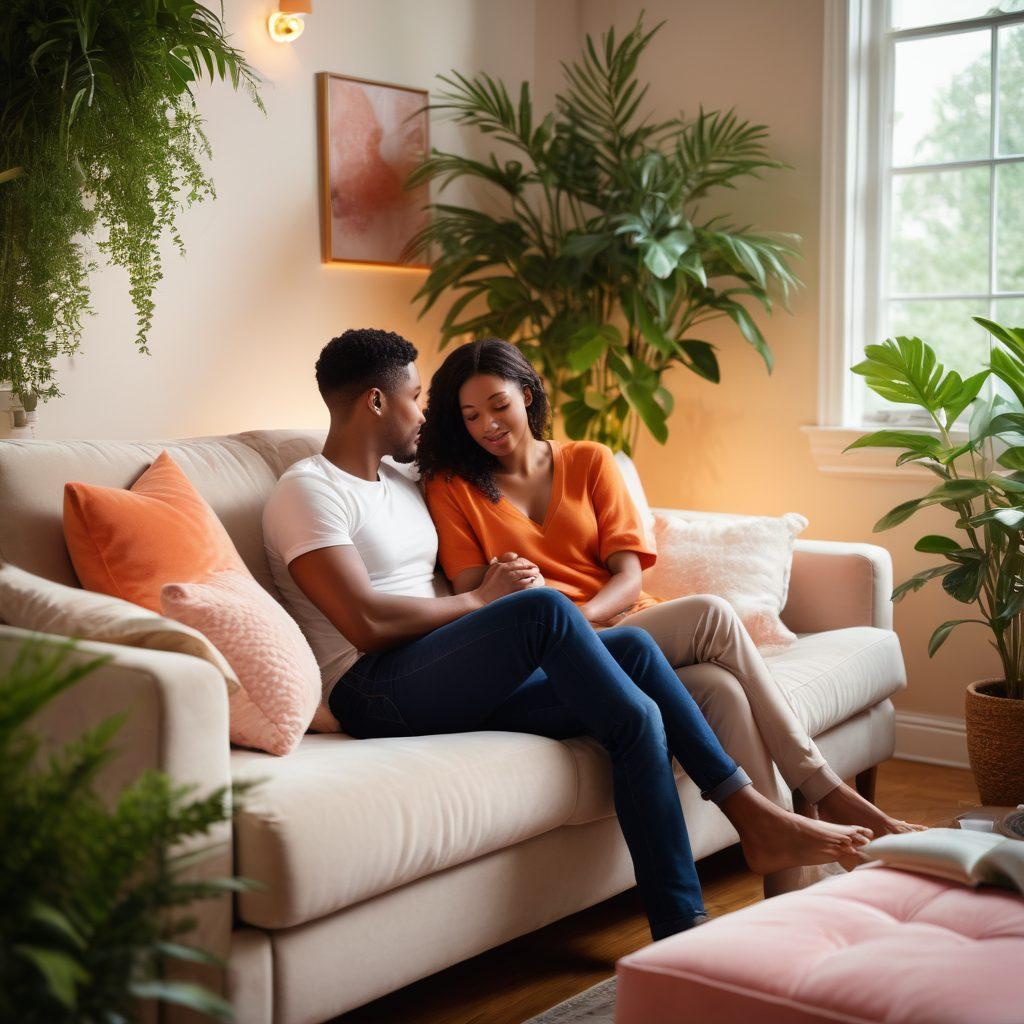 A serene and cozy setting featuring a diverse couple sitting together on a plush couch, engaging in an intimate conversation surrounded by soft lighting and plants. Include visual elements symbolizing connection, such as intertwined hearts and gentle waves, harmonizing the themes of love, wellness, and intimacy. The mood should be warm and inviting, showcasing a touch of modern aesthetics. super-realistic. vibrant colors. soft focus.