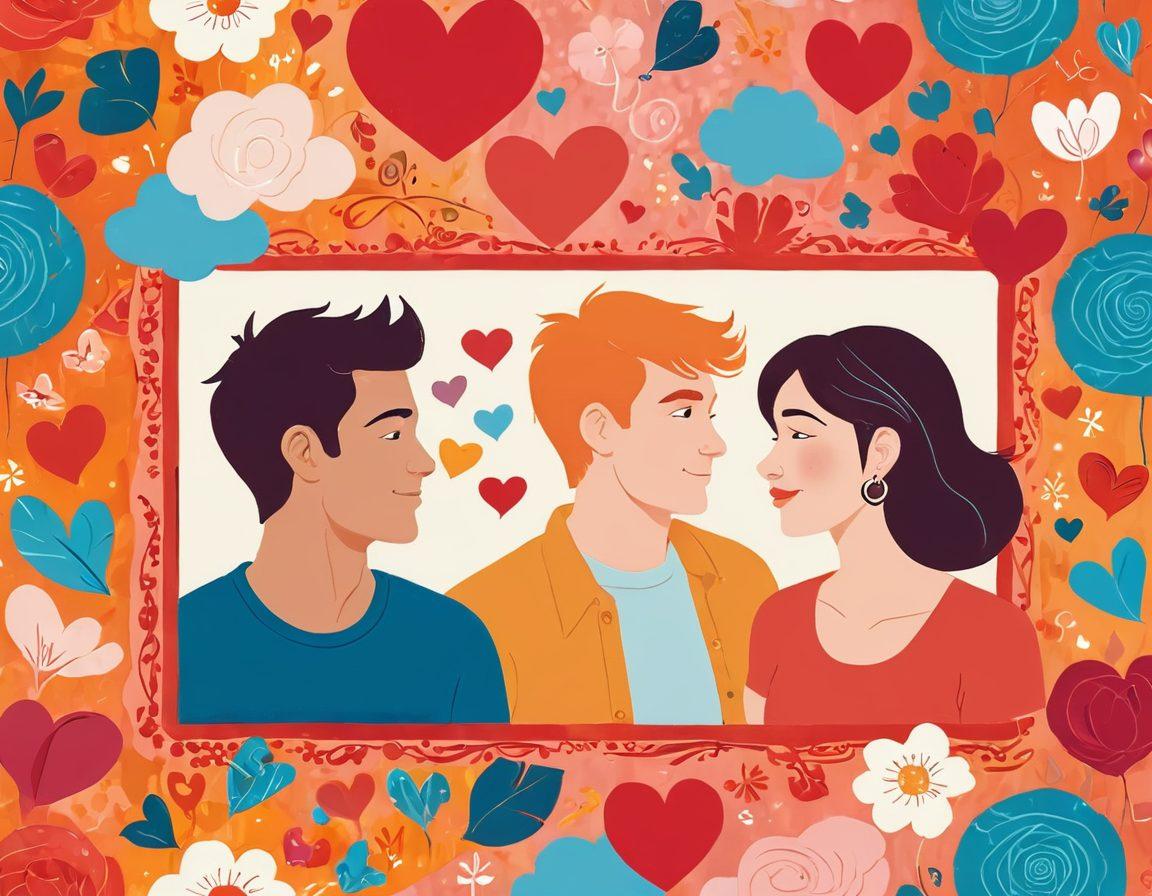 A visually striking journey illustration showcasing diverse couples in various stages of adult relationships, with elements representing dating, attraction, intimacy, and desire. Emphasize emotions through warm colors, playful expressions, and romantic settings in the background. Incorporate symbols like hearts, flowers, and conversation bubbles to convey connection and communication. The transitions should flow seamlessly from one scene to another, capturing the evolution of relationships. vibrant colors. painterly style.