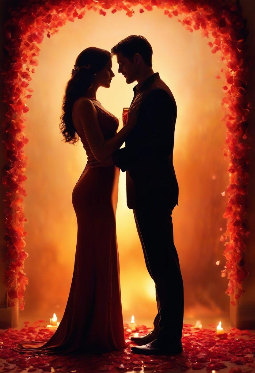 A serene and intimate setting featuring two silhouettes embracing against a backdrop of swirling, warm colors symbolizing passion and connection. Soft candlelight gently illuminates the space, enhancing the mood of romance. Include subtle elements like rose petals and a glass of wine to evoke desire and intimacy. Artistic style should convey warmth and emotion. super-realistic. vibrant colors. warm lighting.